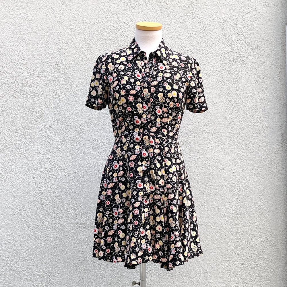 Elizabeth and James Silk Black Floral Print Fit & Flare Mini Shirt Dress Size 4